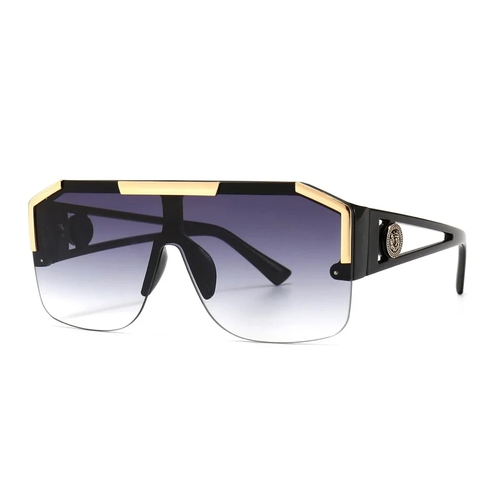 Black Gold Oversized Square Flat Top Shield Women Sunglasses Gradient Smoke Lens